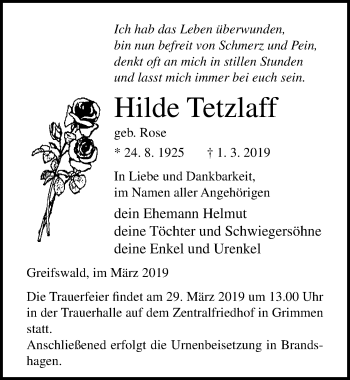 Traueranzeige von Hilde Tetzlaff von Ostsee-Zeitung GmbH