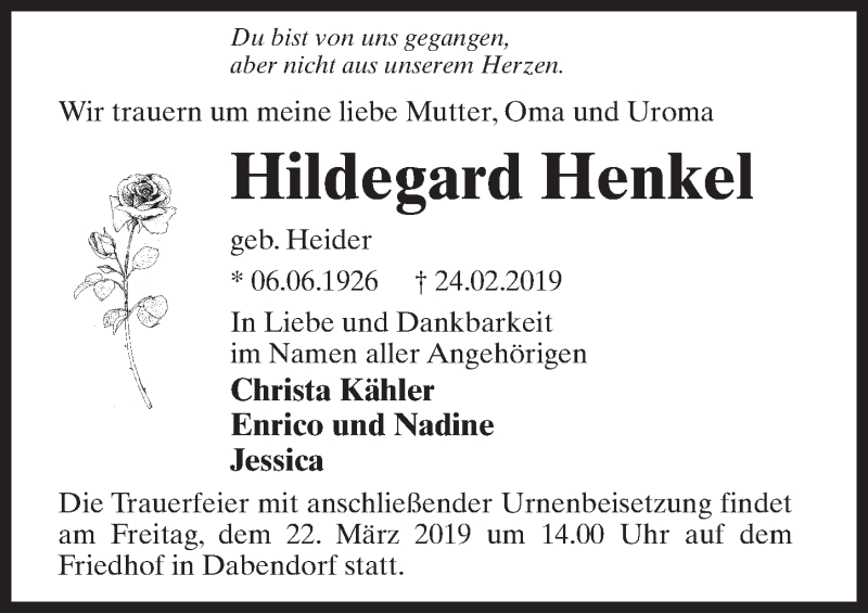  Traueranzeige für Hildegard Henkel vom 09.03.2019 aus Märkischen Allgemeine Zeitung