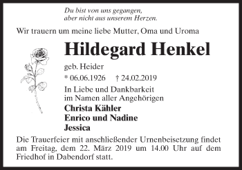 Traueranzeige von Hildegard Henkel von Märkischen Allgemeine Zeitung