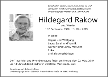 Traueranzeige von Hildegard Rakow von Aller Zeitung