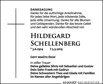 Traueranzeige von Hildegard Schellenberg von Leipziger Volkszeitung
