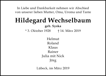 Traueranzeige von Hildegard Wechselbaum von Lübecker Nachrichten