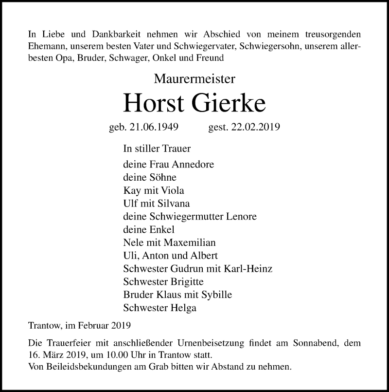  Traueranzeige für Horst Gierke vom 27.02.2019 aus Ostsee-Zeitung GmbH