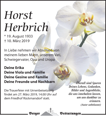 Traueranzeige von Horst Herbrich von Leipziger Volkszeitung