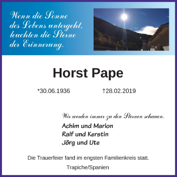 Traueranzeige von Horst Pape von Hannoversche Allgemeine Zeitung/Neue Presse