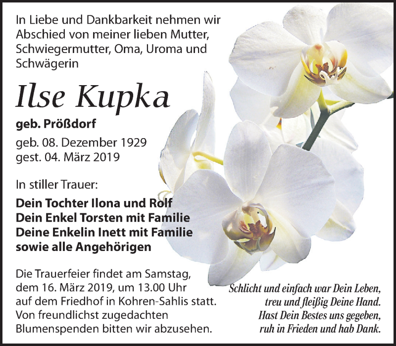  Traueranzeige für Ilse Kupka vom 09.03.2019 aus Leipziger Volkszeitung