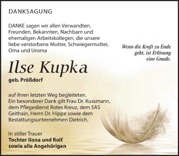 Traueranzeige von Ilse Kupka von Leipziger Volkszeitung