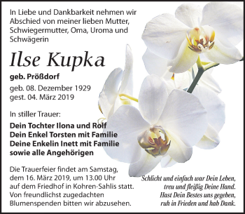 Traueranzeige von Ilse Kupka von Leipziger Volkszeitung