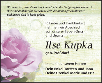 Traueranzeige von Ilse Kupka von Leipziger Volkszeitung