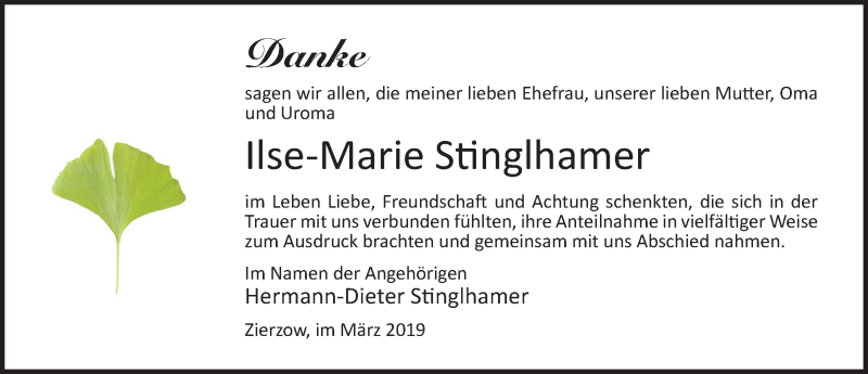  Traueranzeige für Ilse-Marie Stinglhamer vom 08.03.2019 aus Ostsee-Zeitung GmbH