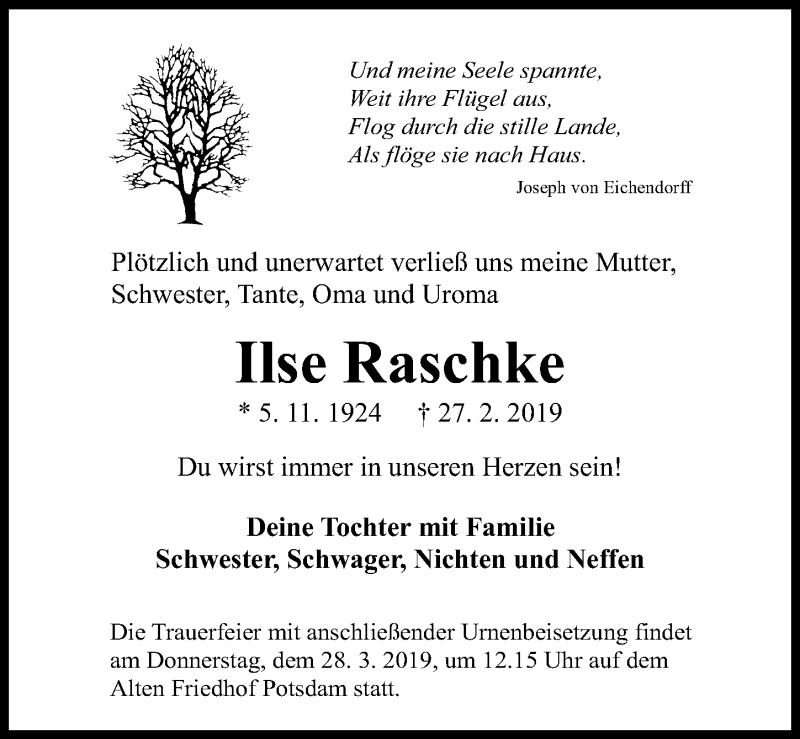  Traueranzeige für Ilse Raschke vom 16.03.2019 aus Märkischen Allgemeine Zeitung