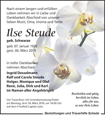 Traueranzeige von Ilse Steude von Leipziger Volkszeitung
