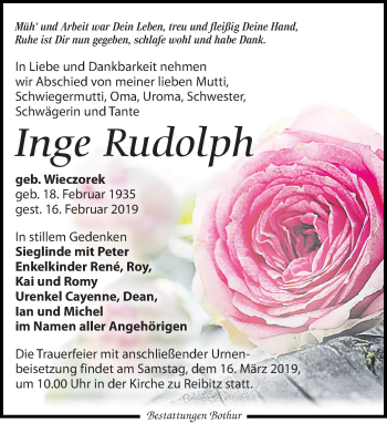 Traueranzeige von Inge Rudolph von Leipziger Volkszeitung