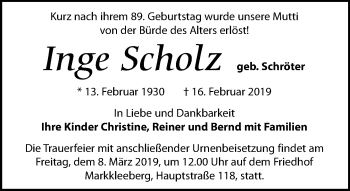 Traueranzeige von Inge Scholz von Leipziger Volkszeitung