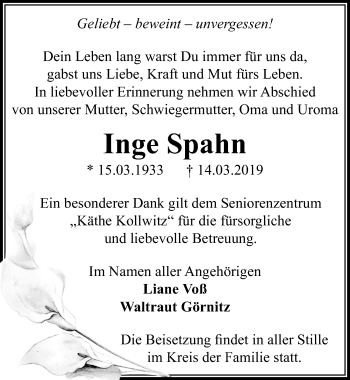 Traueranzeige von Inge Spahn von Märkischen Allgemeine Zeitung