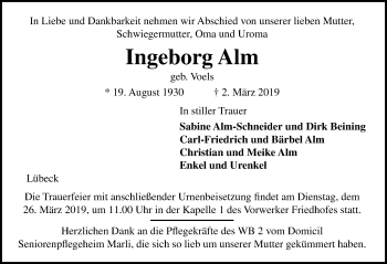 Traueranzeige von Ingeborg Alm von Lübecker Nachrichten