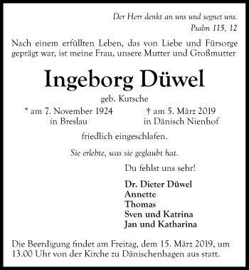 Traueranzeige von Ingeborg Düwel von Kieler Nachrichten