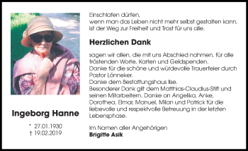 Traueranzeige von Ingeborg Hanne von Göttinger Tageblatt