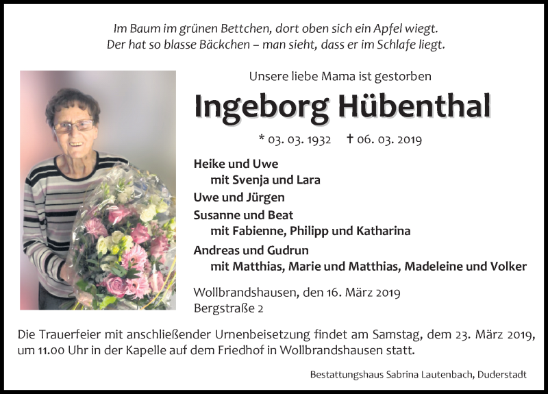  Traueranzeige für Ingeborg Hübenthal vom 16.03.2019 aus Eichsfelder Tageblatt
