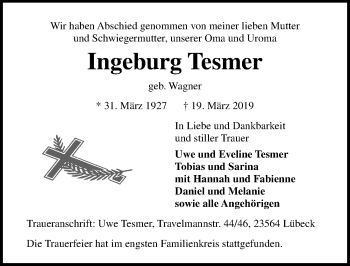 Traueranzeige von Ingeburg Tesmer von Lübecker Nachrichten