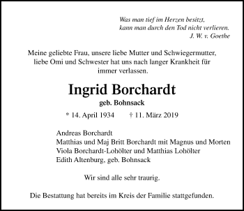 Traueranzeige von Ingrid Borchardt von Lübecker Nachrichten
