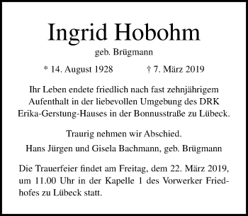 Traueranzeige von Ingrid Hobohm von Lübecker Nachrichten