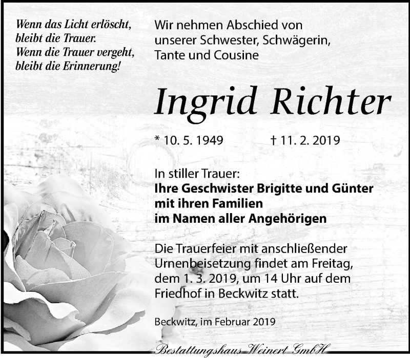  Traueranzeige für Ingrid Richter vom 23.02.2019 aus Torgauer Zeitung