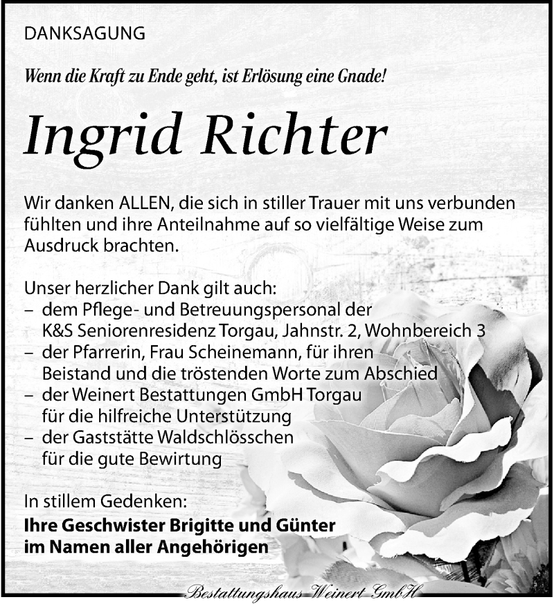  Traueranzeige für Ingrid Richter vom 09.03.2019 aus Torgauer Zeitung