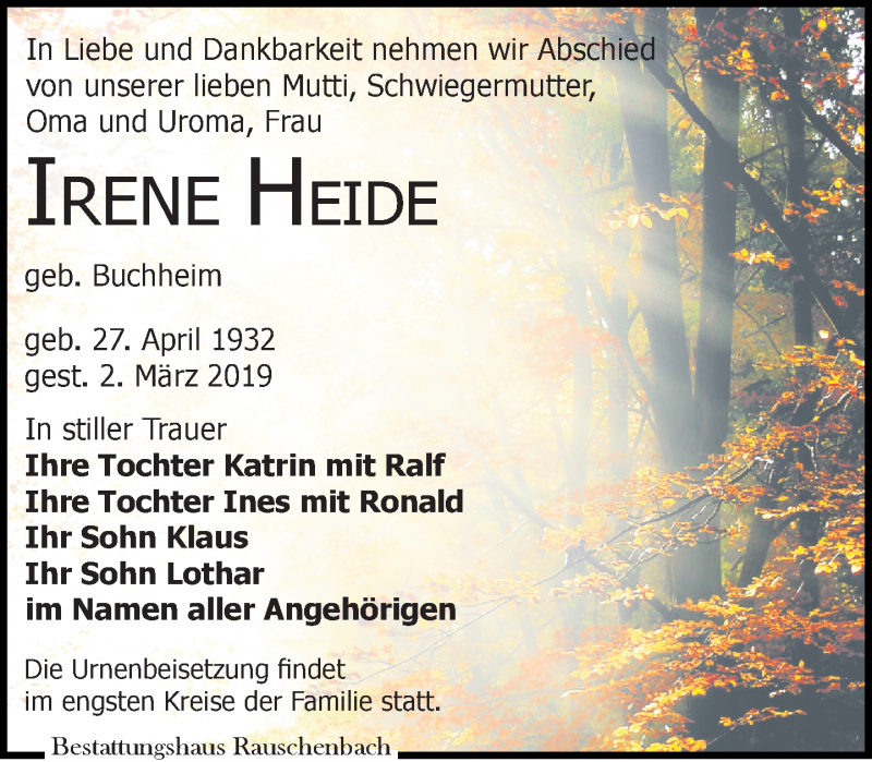  Traueranzeige für Irene Heide vom 09.03.2019 aus Leipziger Volkszeitung