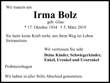 Traueranzeige von Irma Bolz von Kieler Nachrichten