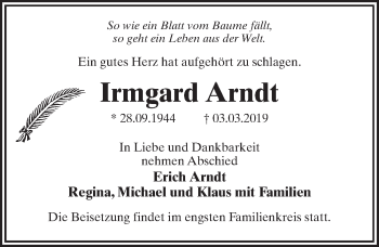 Traueranzeige von Irmgard Arndt von Märkischen Allgemeine Zeitung