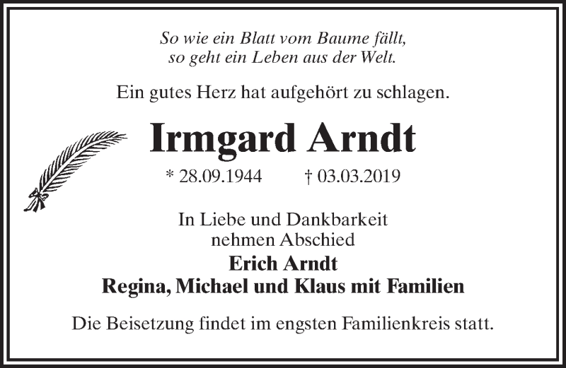  Traueranzeige für Irmgard Arndt vom 16.03.2019 aus Märkischen Allgemeine Zeitung