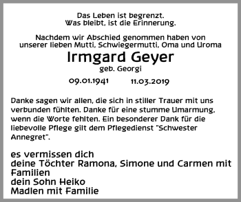 Traueranzeige von Irmgard Geyer von Leipziger Volkszeitung