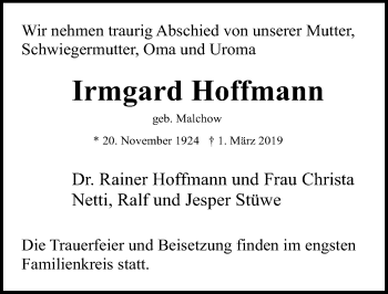 Traueranzeige von Irmgard Hoffmann von Ostsee-Zeitung GmbH