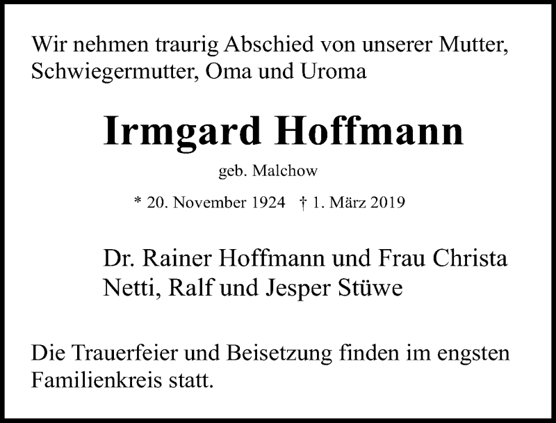  Traueranzeige für Irmgard Hoffmann vom 09.03.2019 aus Ostsee-Zeitung GmbH