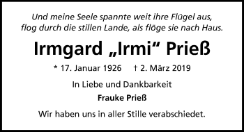 Traueranzeige von Irmgard Prieß von Lübecker Nachrichten