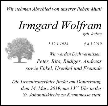 Traueranzeige von Irmgard Wolfram von Lübecker Nachrichten