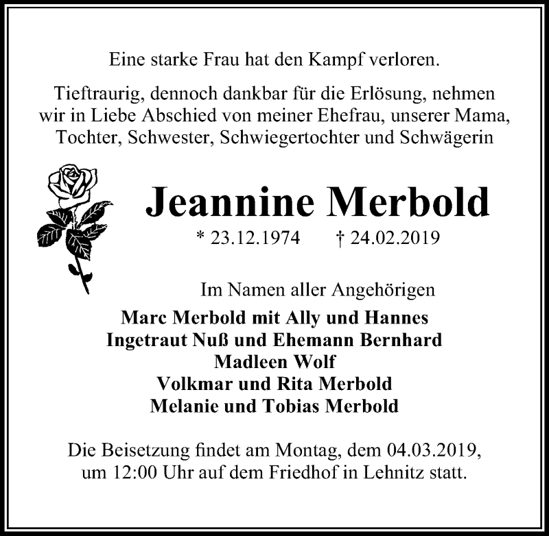  Traueranzeige für Jeannine Merbold vom 27.02.2019 aus Märkischen Allgemeine Zeitung