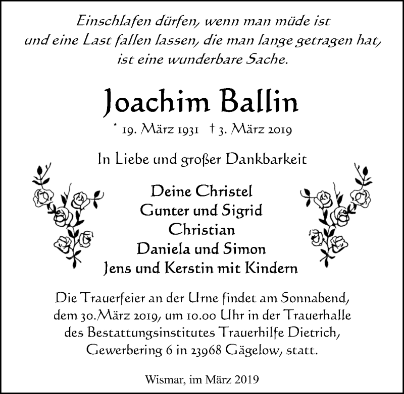  Traueranzeige für Joachim Ballin vom 16.03.2019 aus Ostsee-Zeitung GmbH