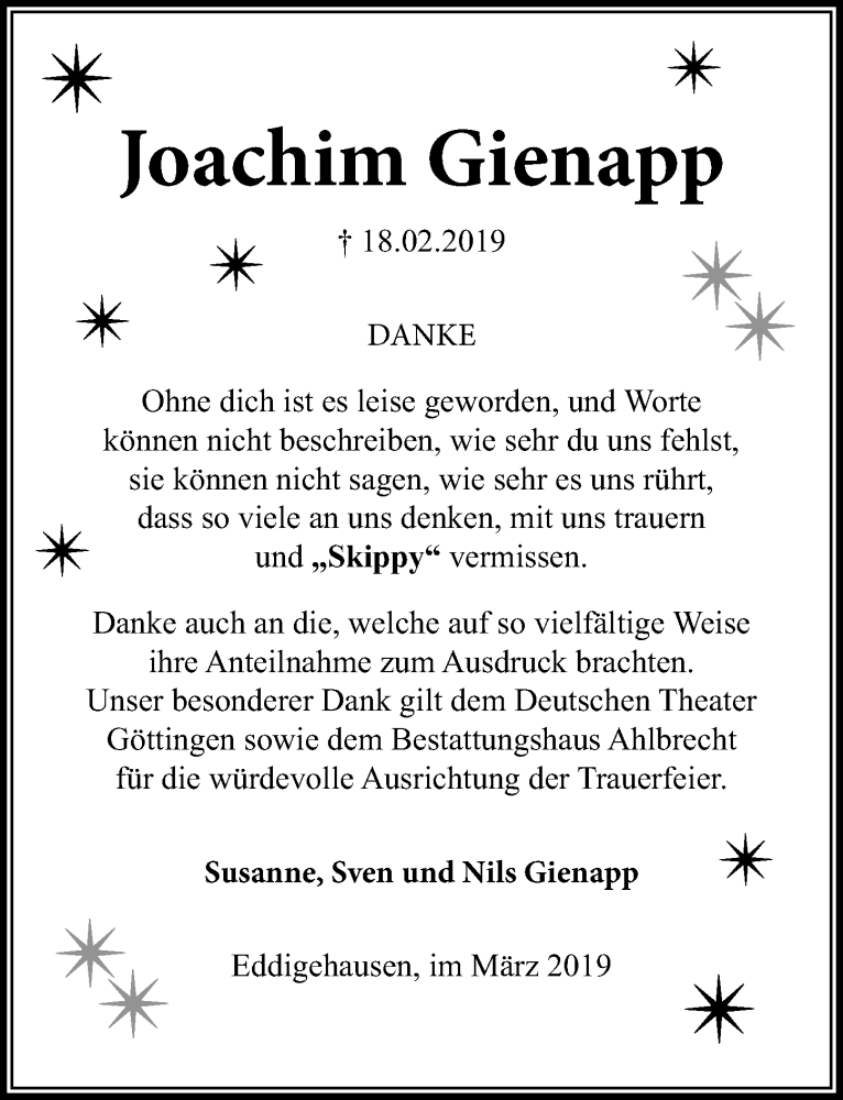  Traueranzeige für Joachim Gienapp vom 23.03.2019 aus Göttinger Tageblatt