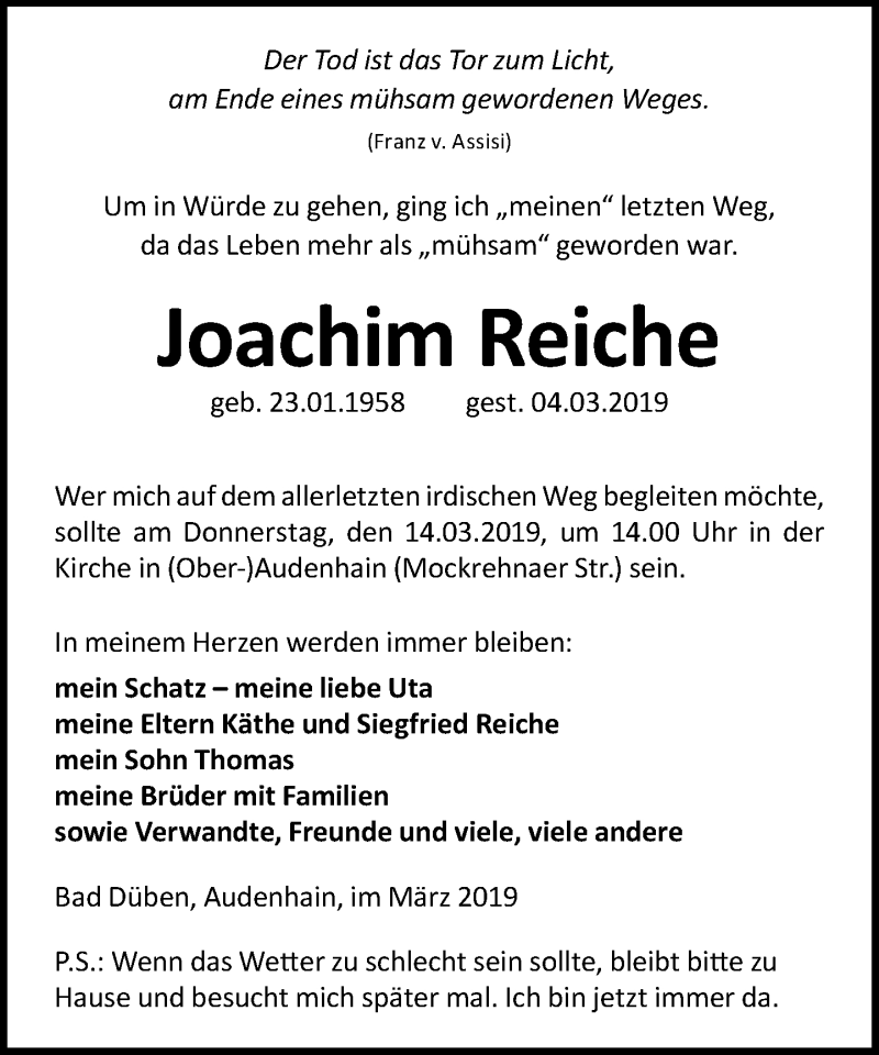  Traueranzeige für Joachim Reiche vom 09.03.2019 aus Torgauer Zeitung