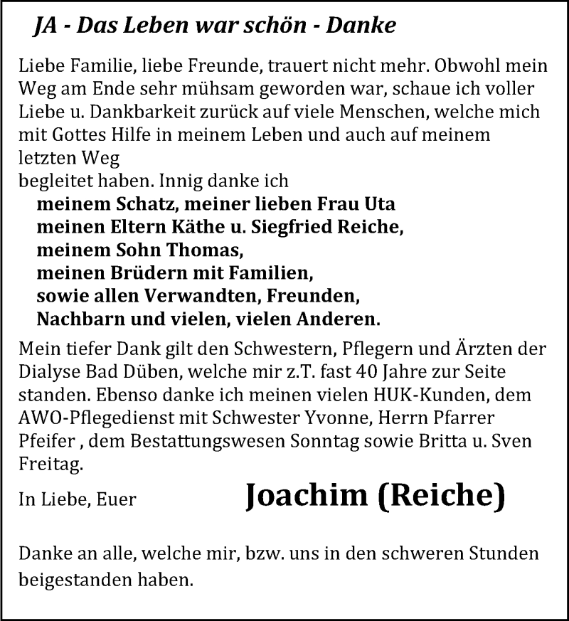  Traueranzeige für Joachim Reiche vom 30.03.2019 aus Leipziger Volkszeitung