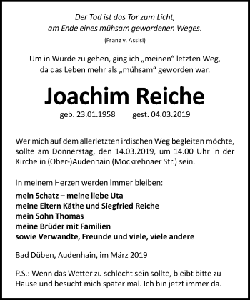 Traueranzeige von Joachim Reiche von Torgauer Zeitung
