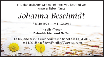 Traueranzeige von Johanna Beschnidt von Leipziger Volkszeitung