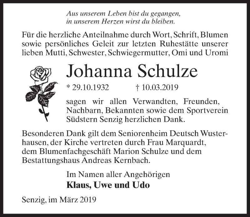  Traueranzeige für Johanna Schulze vom 30.03.2019 aus Märkischen Allgemeine Zeitung