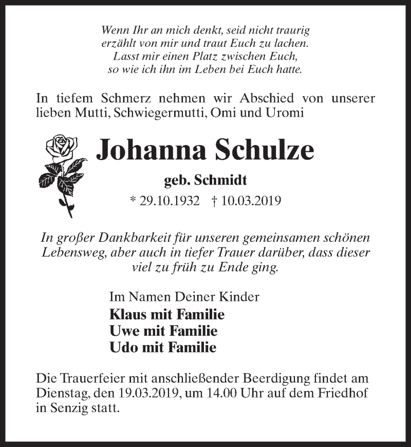  Traueranzeige für Johanna Schulze vom 16.03.2019 aus Märkischen Allgemeine Zeitung