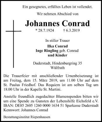 Traueranzeige von Johannes Conrad von Eichsfelder Tageblatt