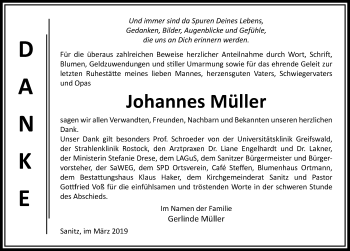 Traueranzeige von Johannes Müller von Ostsee-Zeitung GmbH