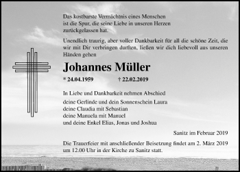 Traueranzeige von Johannes Müller von Ostsee-Zeitung GmbH