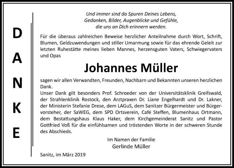  Traueranzeige für Johannes Müller vom 16.03.2019 aus Ostsee-Zeitung GmbH